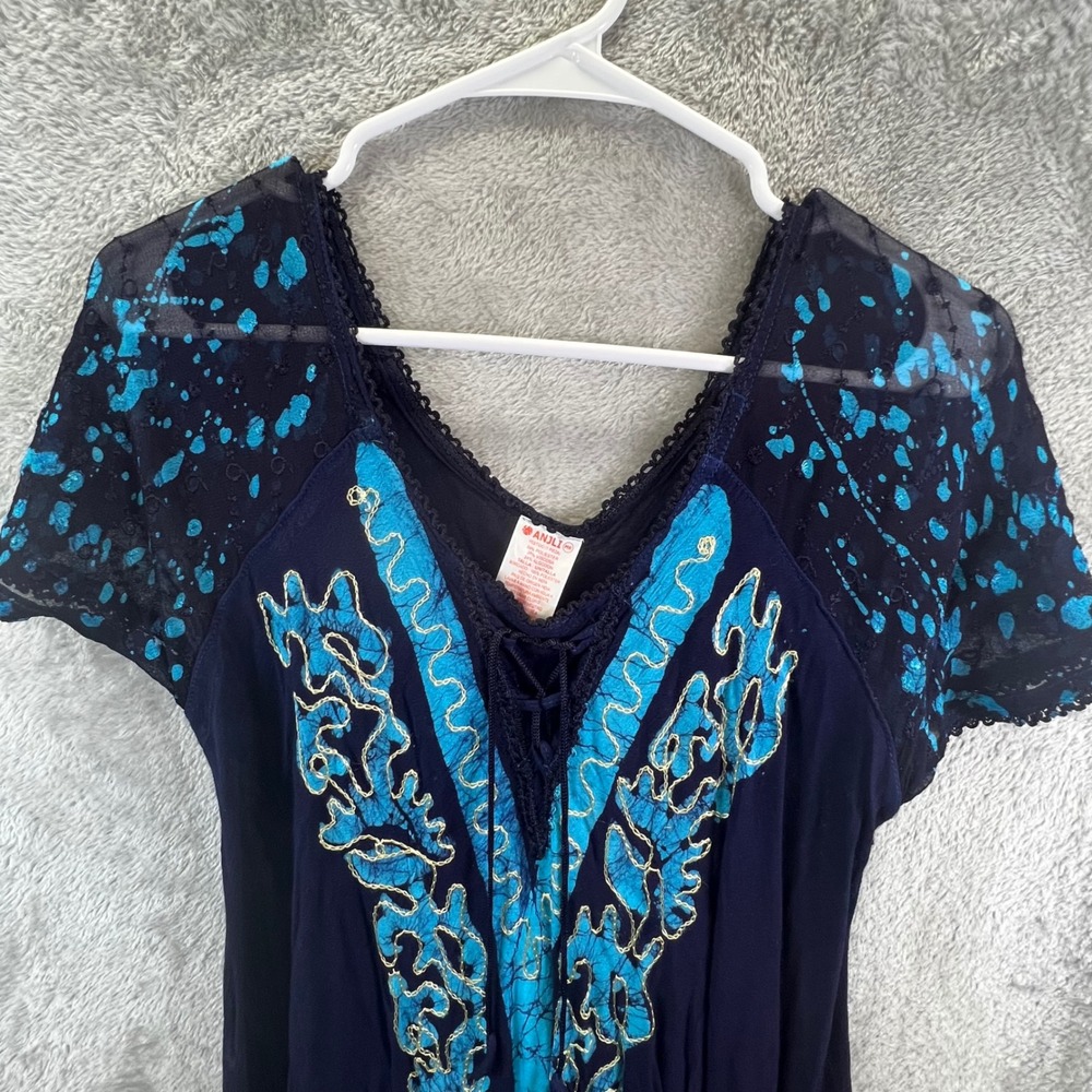 Navy Blue Teal M Batik Embroidered Sharkbite Hem Boho Peasant Tribal Indie
